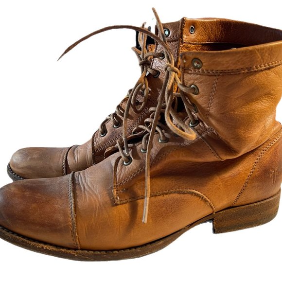 Frye Cognac Soft Leather Lace Up Boots w/ Rubber Grip Added to Sole - Picture 4 of 15
